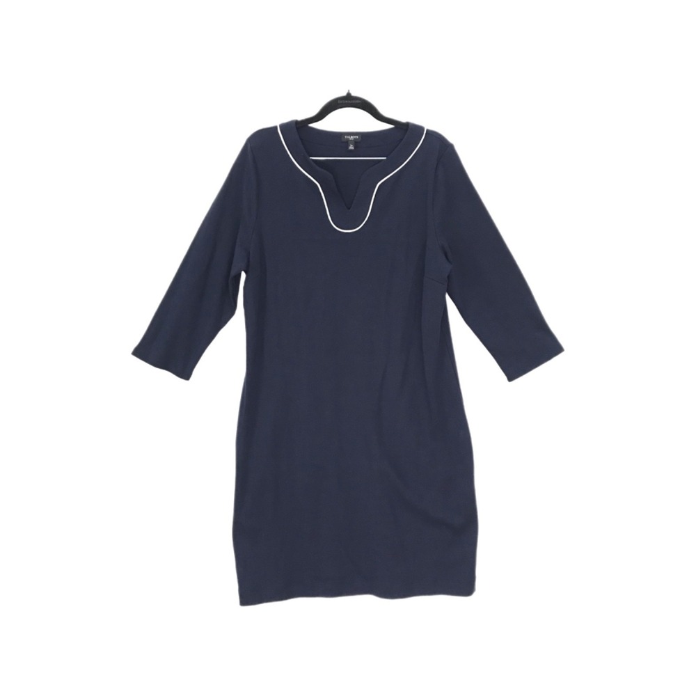 Talbots Petite Size LP Navy Blue Sheath Dress 3/4 Sleeve Classic White Trim EUC